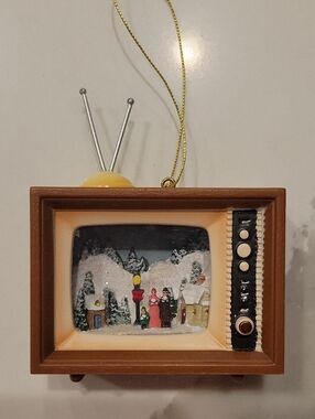 Retro TV Snow Globe Ornament in Brown and Cream - Holiday Home Decor 3 X 2